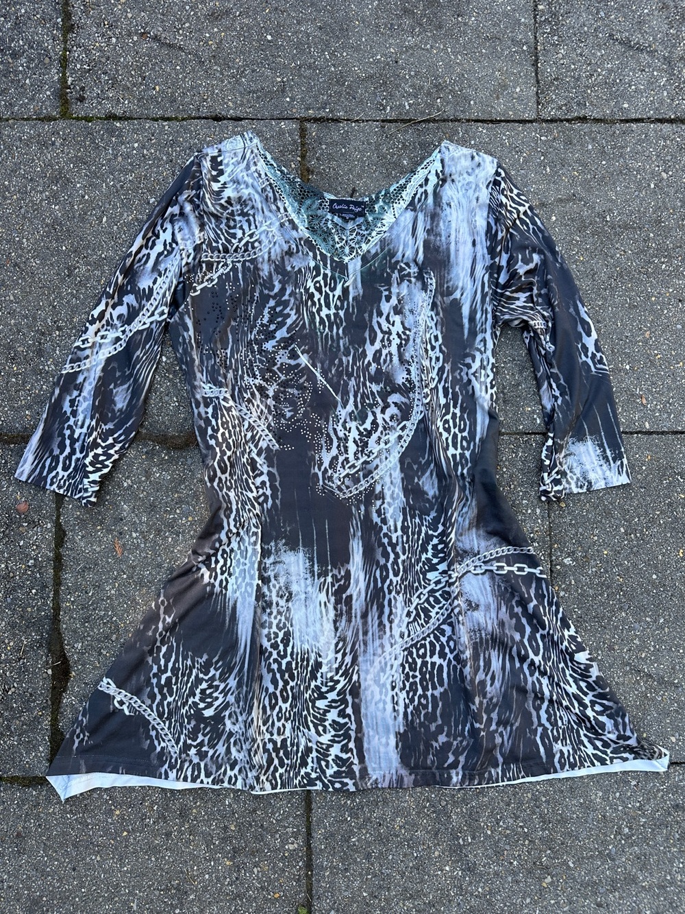 Charlie Paige Leopard Print Chain Accent Mini Dress with Crochet Lace Back